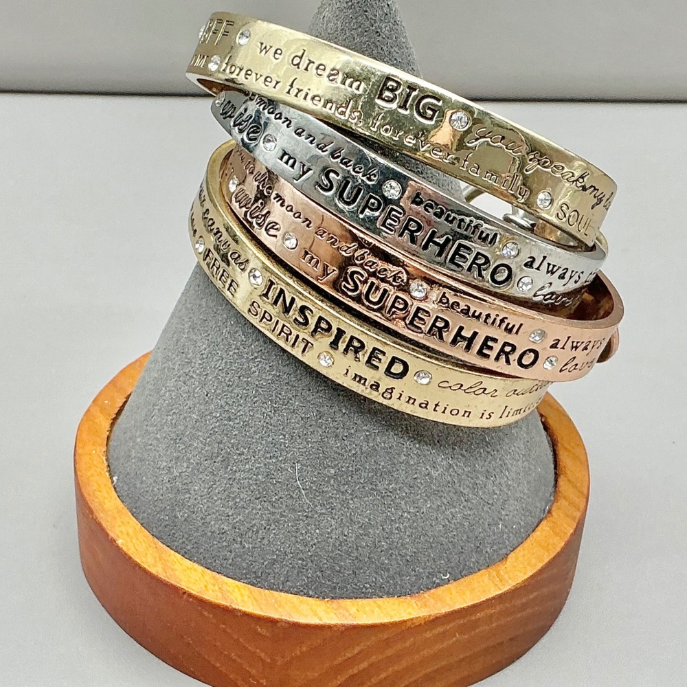 BCBGeneration Bangle Bracelet Set Women Multicolor Inscribed Crystal T-Bar 4Pc